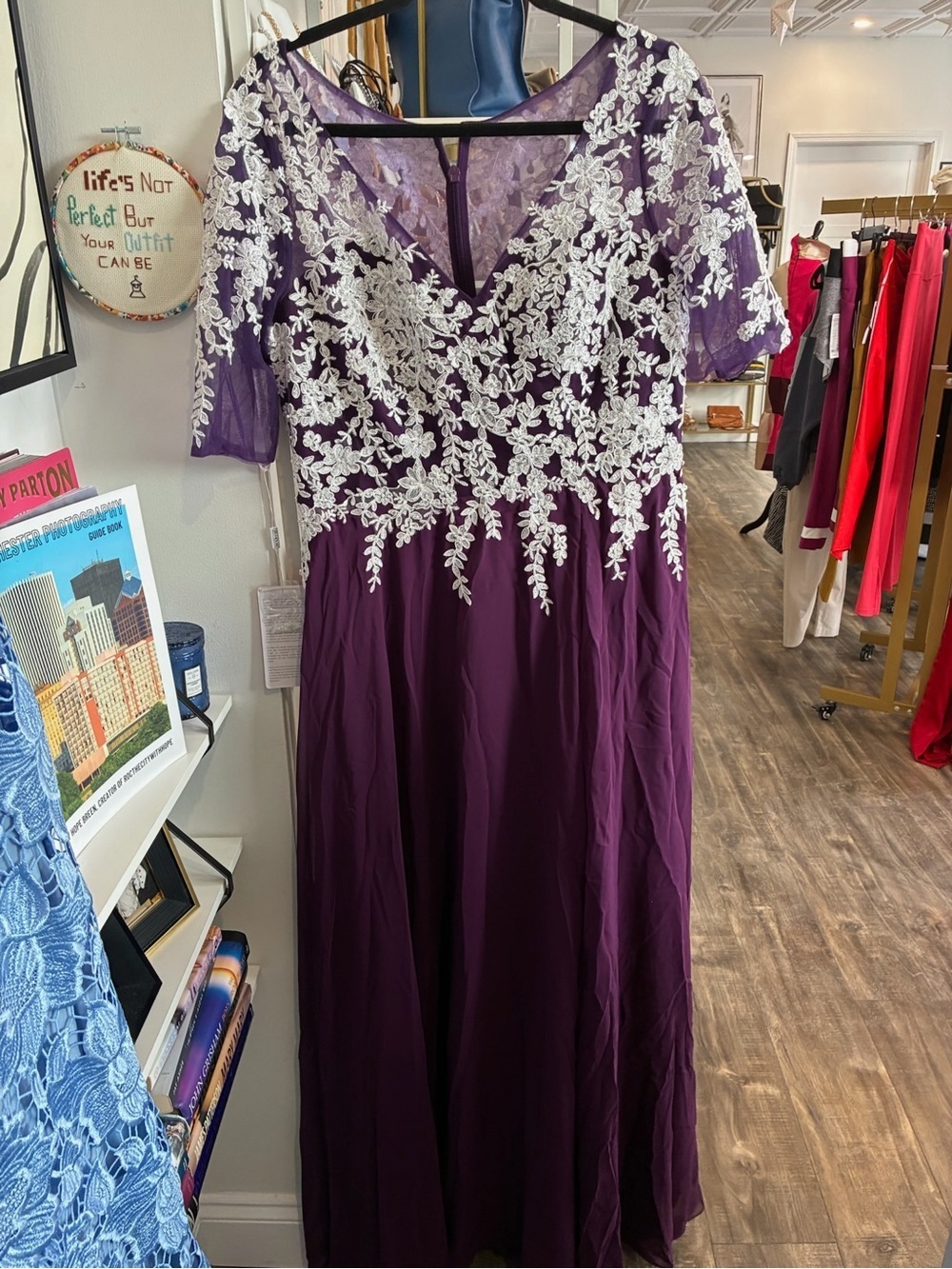 JJs House Purple floor length Dress with White Lace Appliqué NWT
